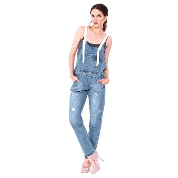 Junior's Denim Ripped Jean Loose Straight Jumpsuit Overalls